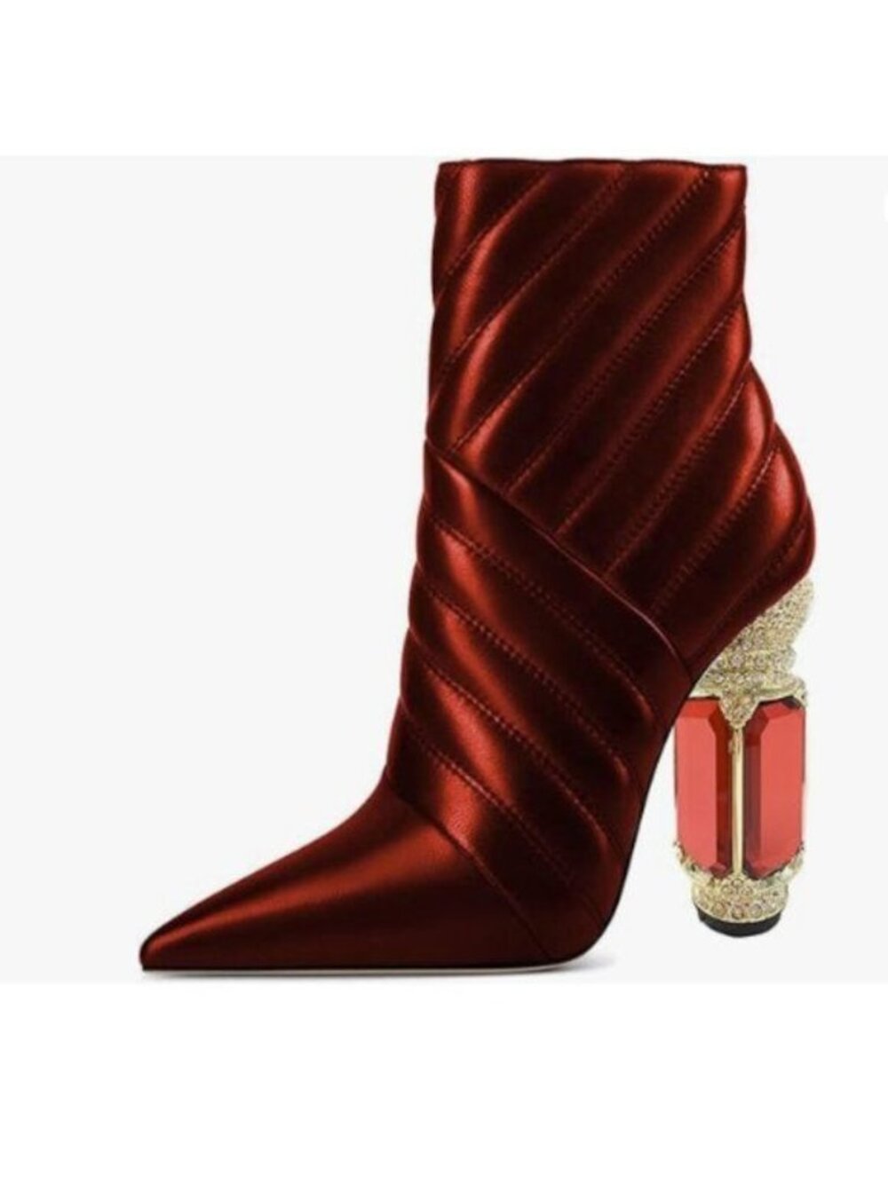 FSJ Women Sparkly Crystal Block High Heel Pointed Toe Ankle Boot Red Dress Boots